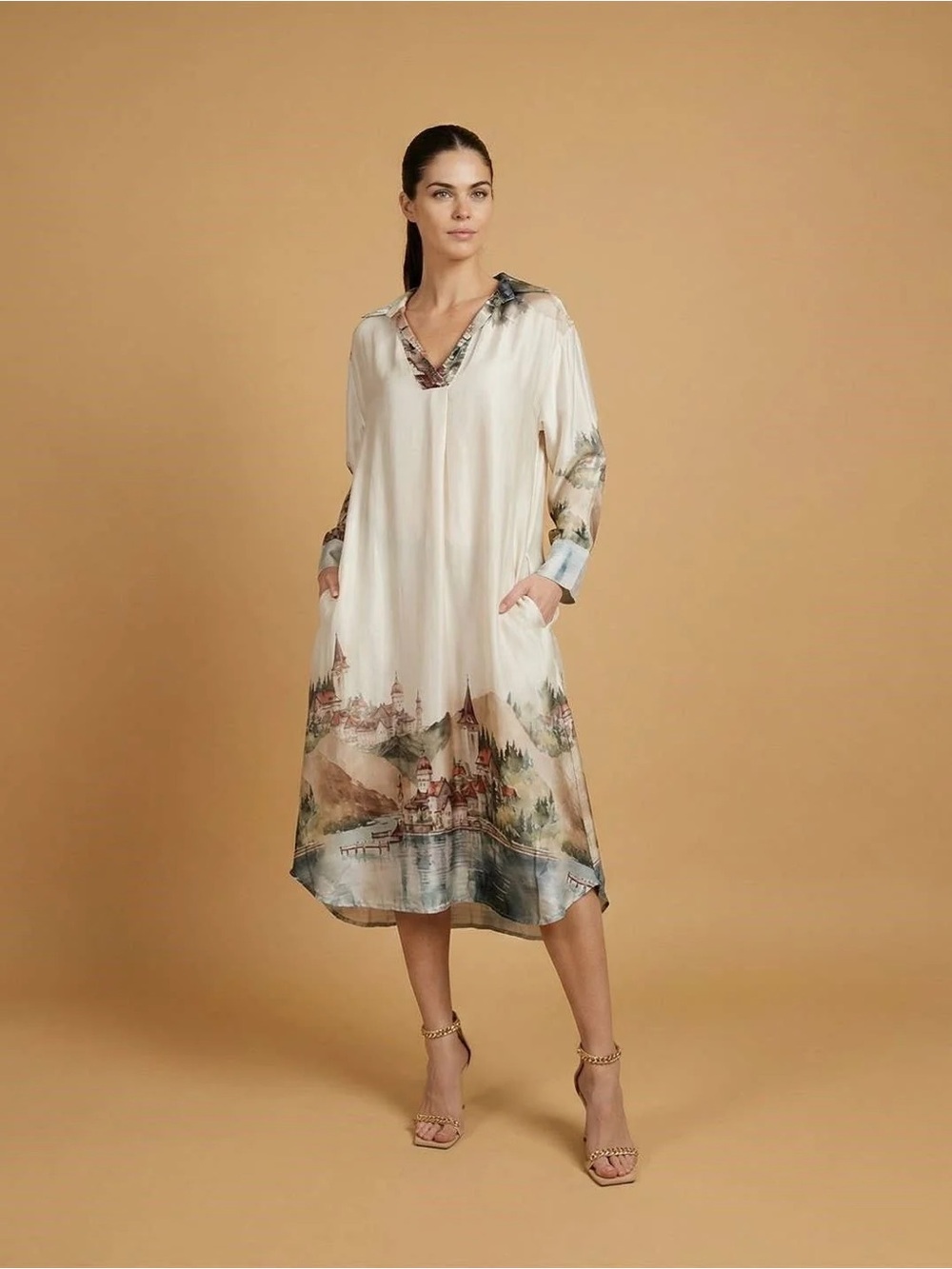 Made In Italy-Scenic Print Cream V-Neck Midi Dress with Long Sleeves